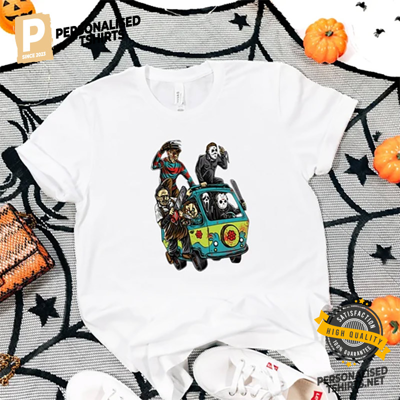 Funny Spooky Bus Classic Horror Characters Tee