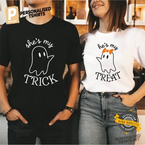 She Is My Trick, He Is My Treat, Skeleton Halloween Couple Shirts