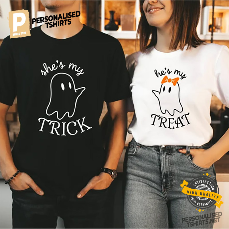 She Is My Trick, He Is My Treat, Skeleton Halloween Couple Shirts