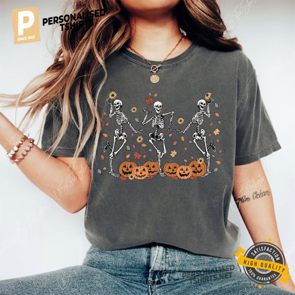 Pumpkin Dancing Skeleton Halloween Party Comfort Colors Tee 3