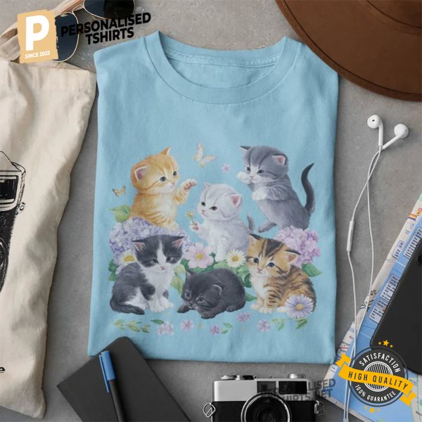 Cute Cat Butterfly Flower T shirt 2