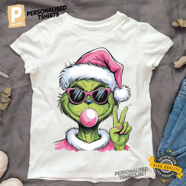 Pink Christmas Grinch Blowing Bubble Unisex Tshirt 2