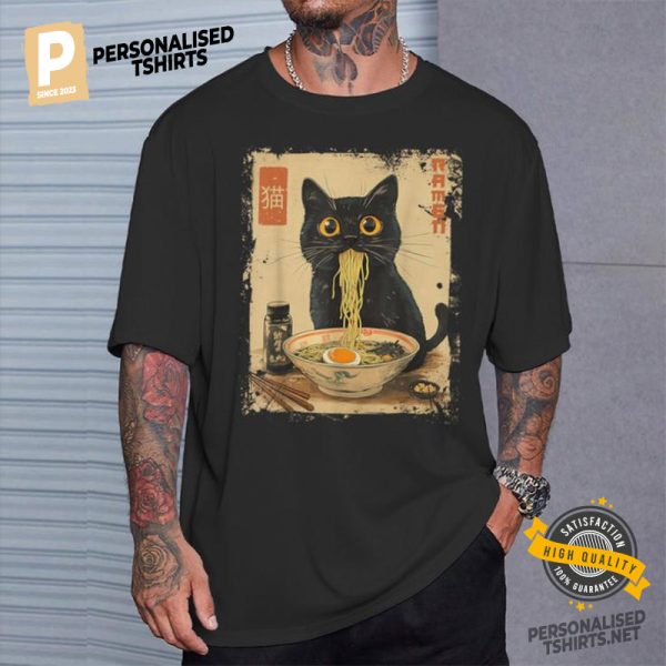 Kawaii Black Cat Eat Ramen Noodle Vintage Japanese Art Shirt 3