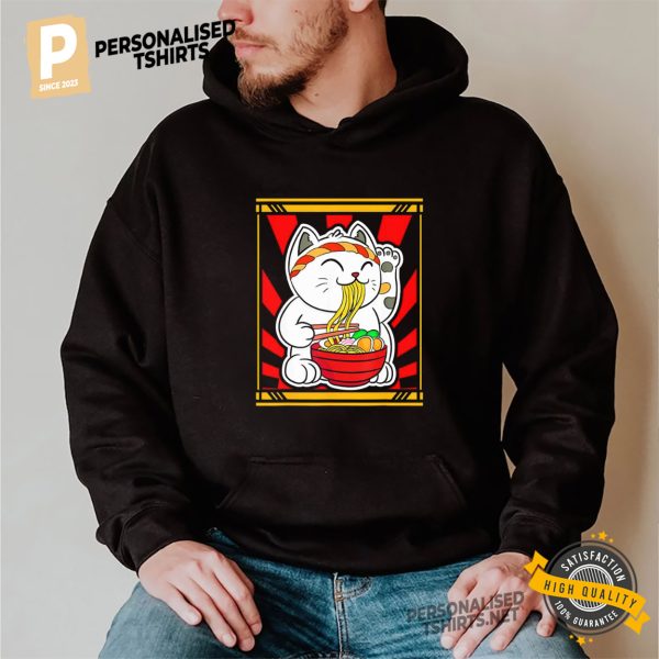 Kawaii Japanese Lucky Cat Eating Ramen Noodles Shirt 1