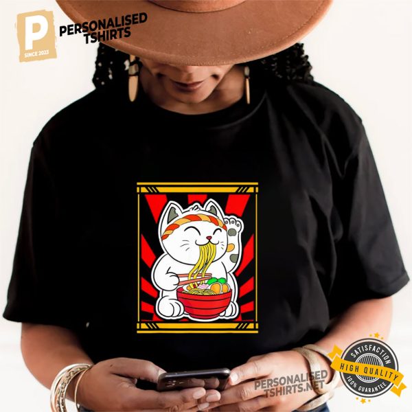 Kawaii Japanese Lucky Cat Eating Ramen Noodles Shirt 2