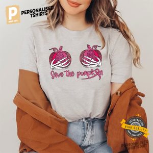 Pumpkins Skeleton Breast Cancer Awareness Shirt 1