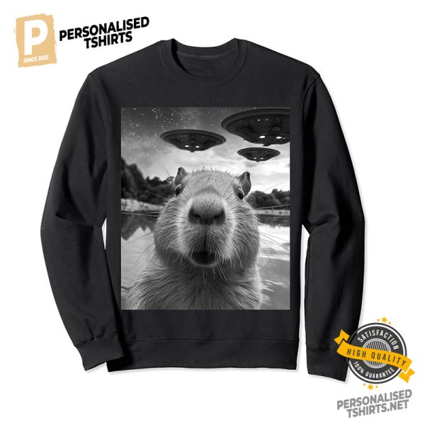 Capybara Selfie With Ufos Funny Weird Shirt 3